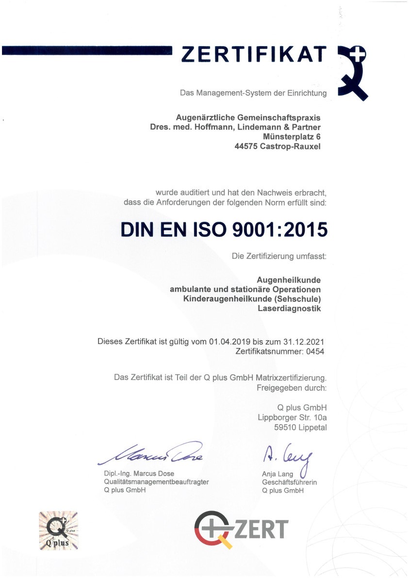 Augenklinik Castrop-Rauxel DIN EN ISO 9001:2015 Zertifikat